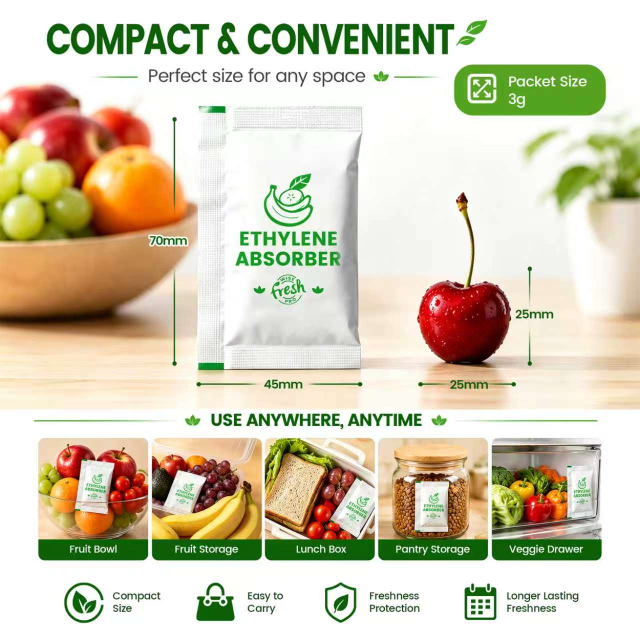 WiseFreshPro Ethylene Absorber for Fresher Fruits & Vegetables